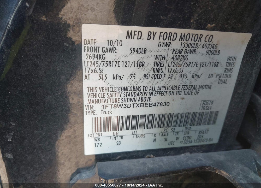 2011 FORD F-350 LARIAT VIN: 1FT8W3DTXBEB47830