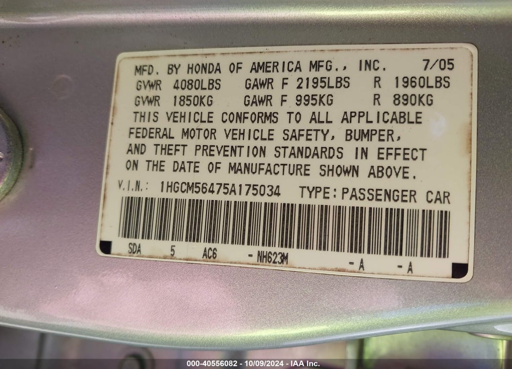 2005 HONDA ACCORD 2.4 LX VIN: 1HGCM56475A175034