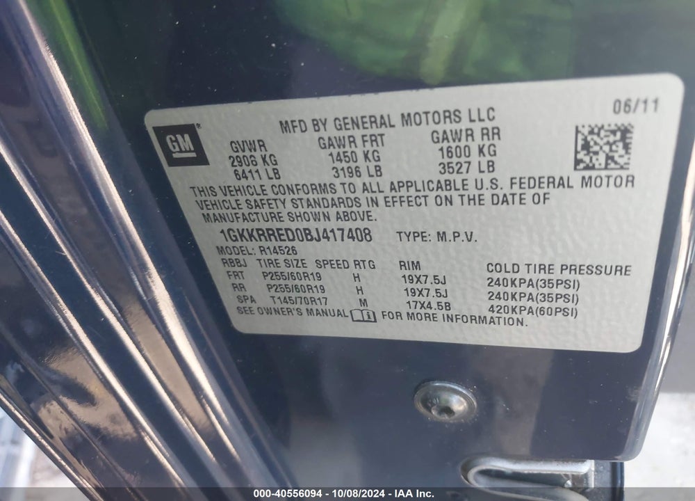 2011 GMC ACADIA SLT-1 VIN: 1GKKRRED0BJ417408