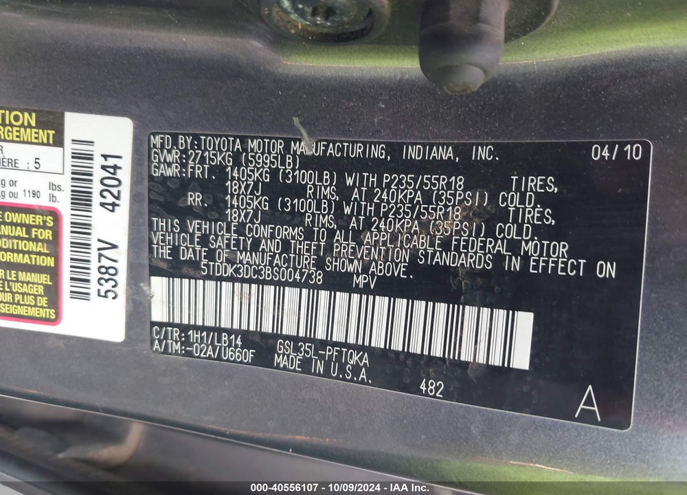 2011 TOYOTA SIENNA XLE VIN: 5TDDK3DC3BS004738