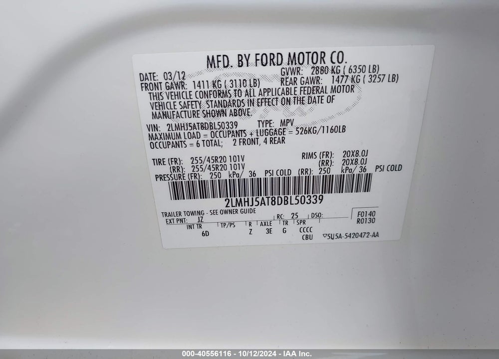 2013 LINCOLN MKT ECOBOOST VIN: 2LMHJ5AT8DBL50339