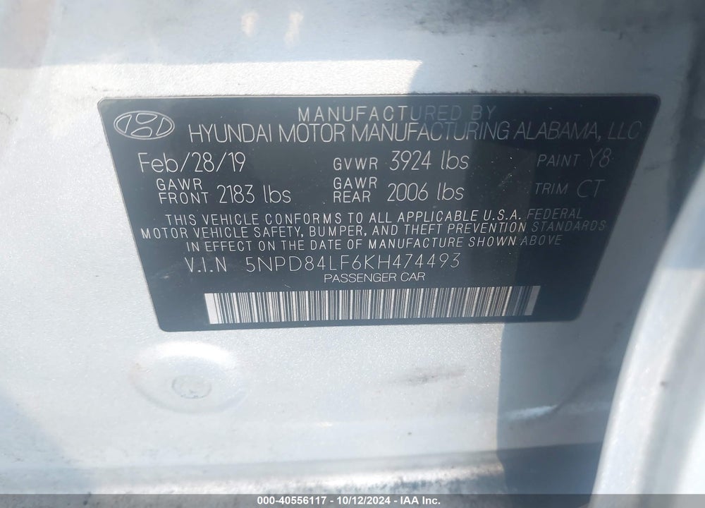 2019 HYUNDAI ELANTRA VALUE EDITION VIN: 5NPD84LF6KH474493