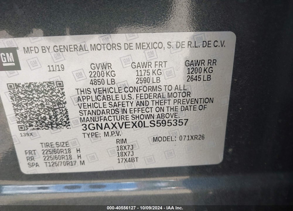 2020 CHEVROLET EQUINOX AWD LT 2.0L TURBO VIN: 3GNAXVEX0LS595357