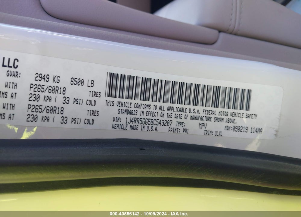 2011 JEEP GRAND CHEROKEE LIMITED VIN: 1J4RR5GG5BC543207