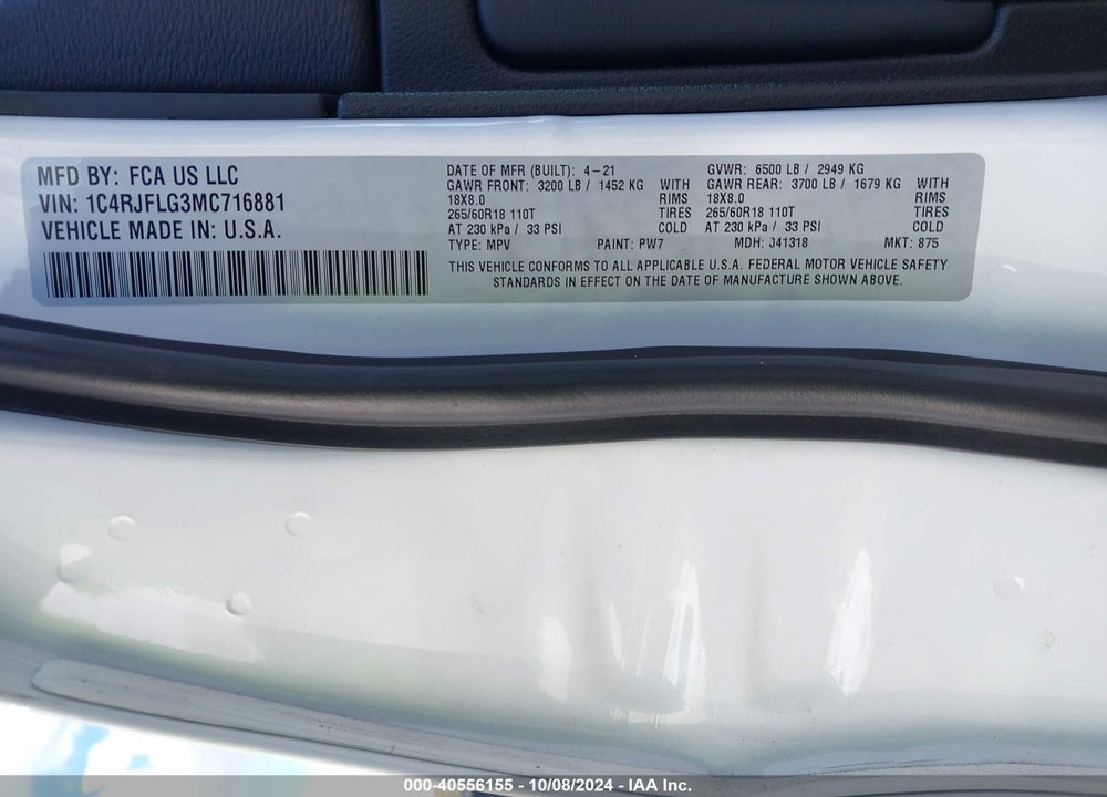 2021 JEEP GRAND CHEROKEE TRAILHAWK 4X4 VIN: 1C4RJFLG3MC716881
