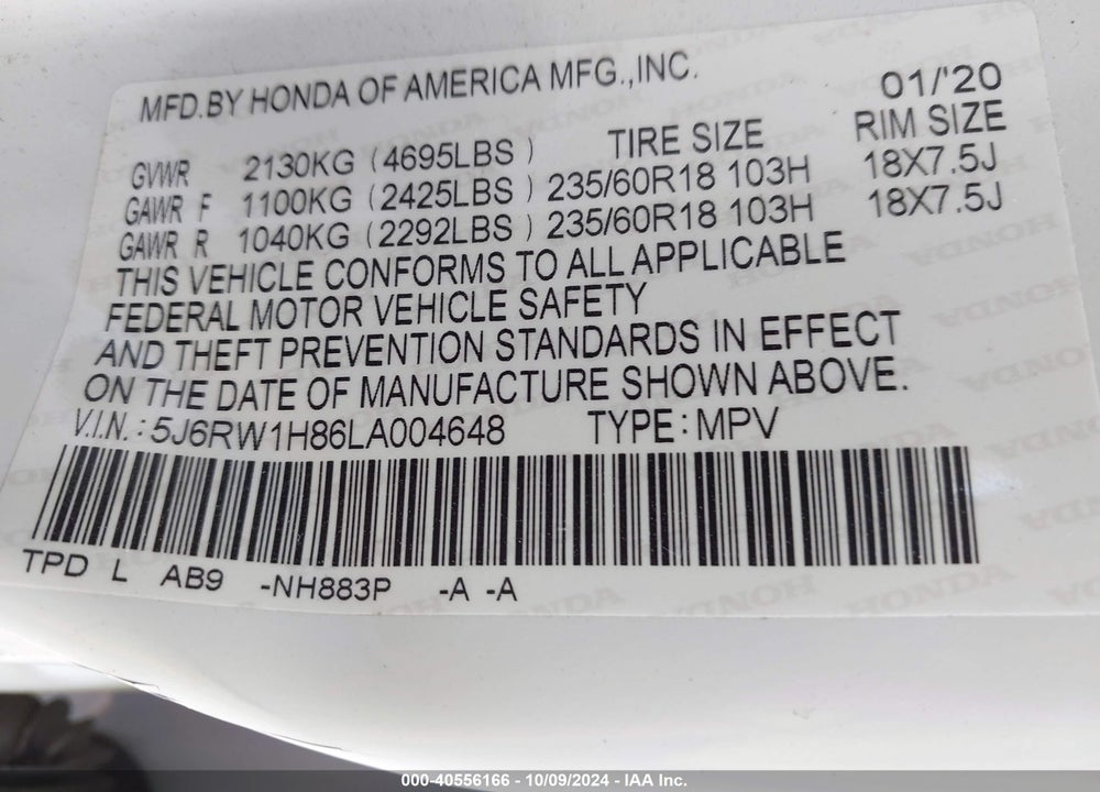 2020 HONDA CR-V 2WD EX-L VIN: 5J6RW1H86LA004648