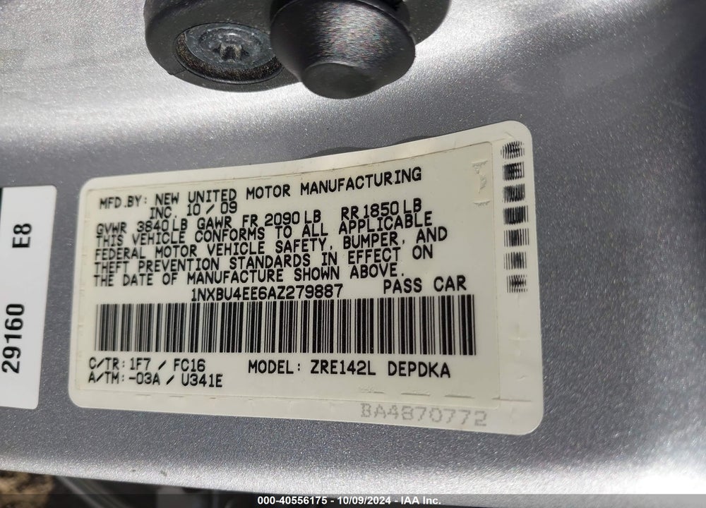 2010 TOYOTA COROLLA LE VIN: 1NXBU4EE6AZ279887