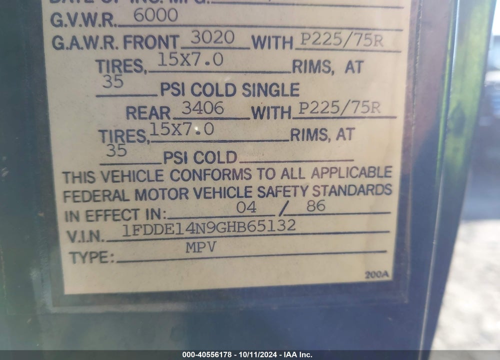 1986 FORD ECONOLINE E150 VAN VIN: 1FDDE14N9GHB65132