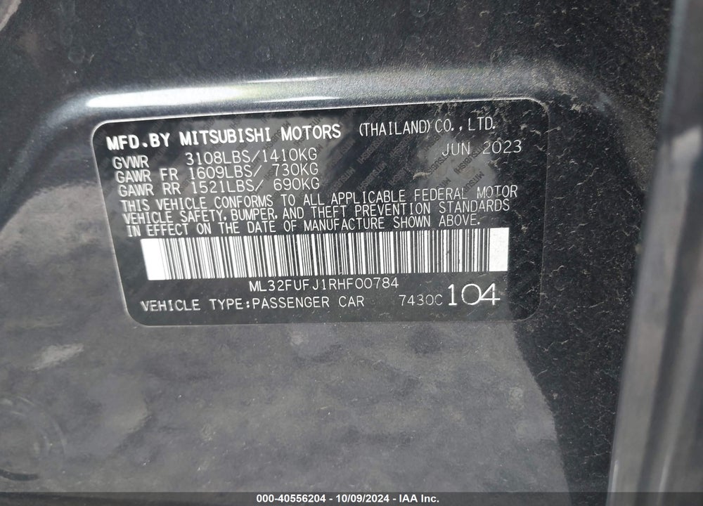 2024 MITSUBISHI MIRAGE G4 BLACK EDITION/ES/LE VIN: ML32FUFJ1RHF00784
