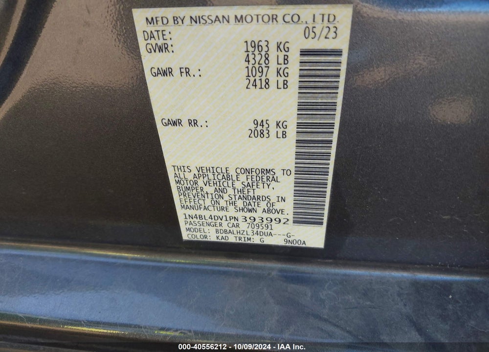 2023 NISSAN ALTIMA SV FWD VIN: 1N4BL4DV1PN393992