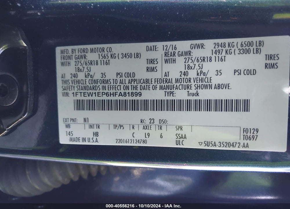 2017 FORD F-150 LARIAT VIN: 1FTEW1EP6HFA81899