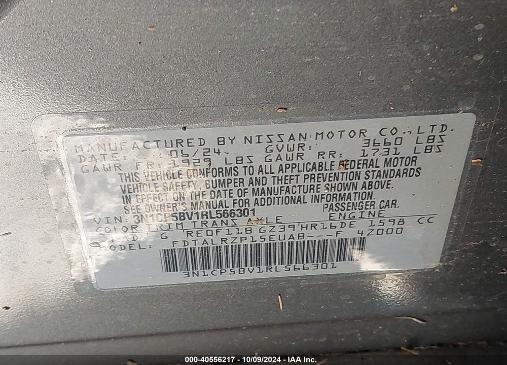 2024 NISSAN KICKS S XTRONIC CVT VIN: 3N1CP5BV1RL566301