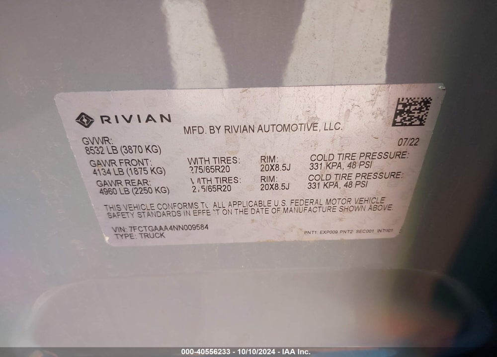 2022 RIVIAN R1T ADVENTURE VIN: 7FCTGAAA4NN009584