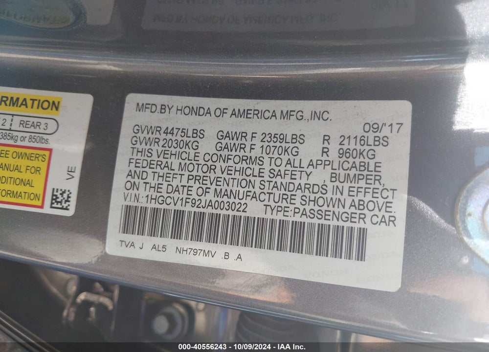 2018 HONDA ACCORD TOURING VIN: 1HGCV1F92JA003022