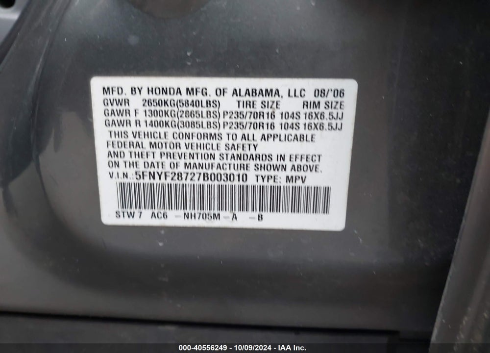 2007 HONDA PILOT EX-L VIN: 5FNYF28727B003010