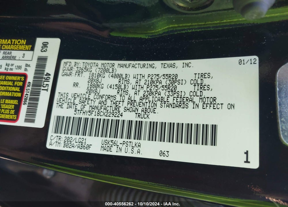 2012 TOYOTA TUNDRA LIMITED 5.7L V8 VIN: 5TFHY5F18CX229224
