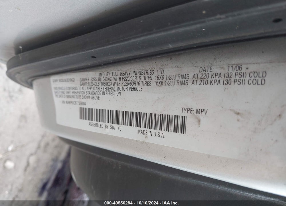2007 SUBARU OUTBACK 2.5I BASIC VIN: 4S4BP61C677328004