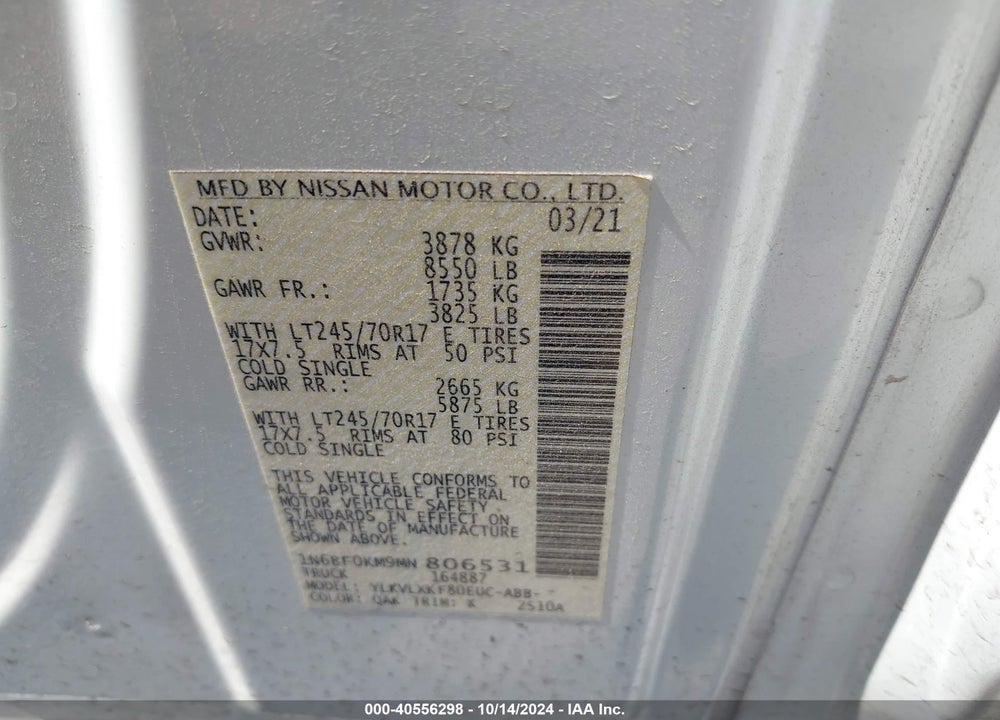 2021 NISSAN NV CARGO NV1500 SV STANDARD ROOF V6 VIN: 1N6BF0KM9MN806531