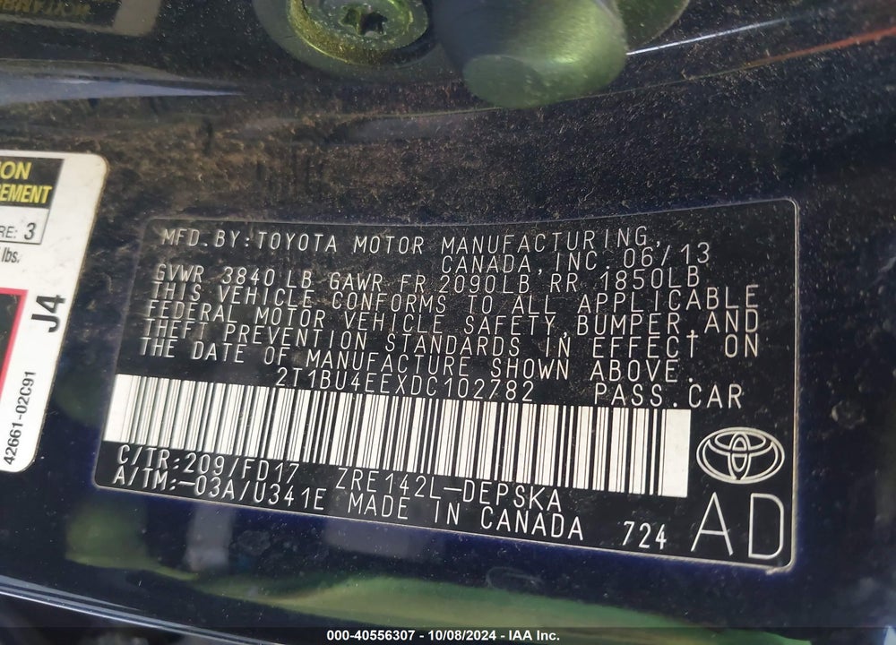 2013 TOYOTA COROLLA S VIN: 2T1BU4EEXDC102782