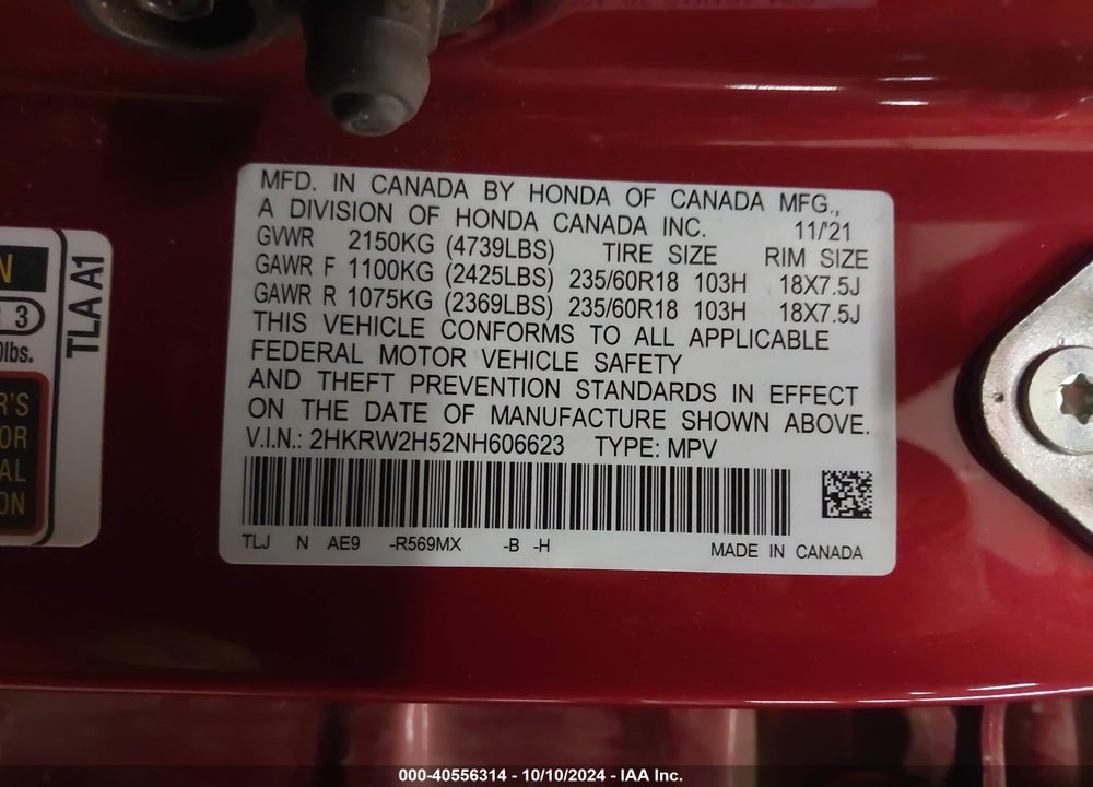 2022 HONDA CR-V AWD EX VIN: 2HKRW2H52NH606623