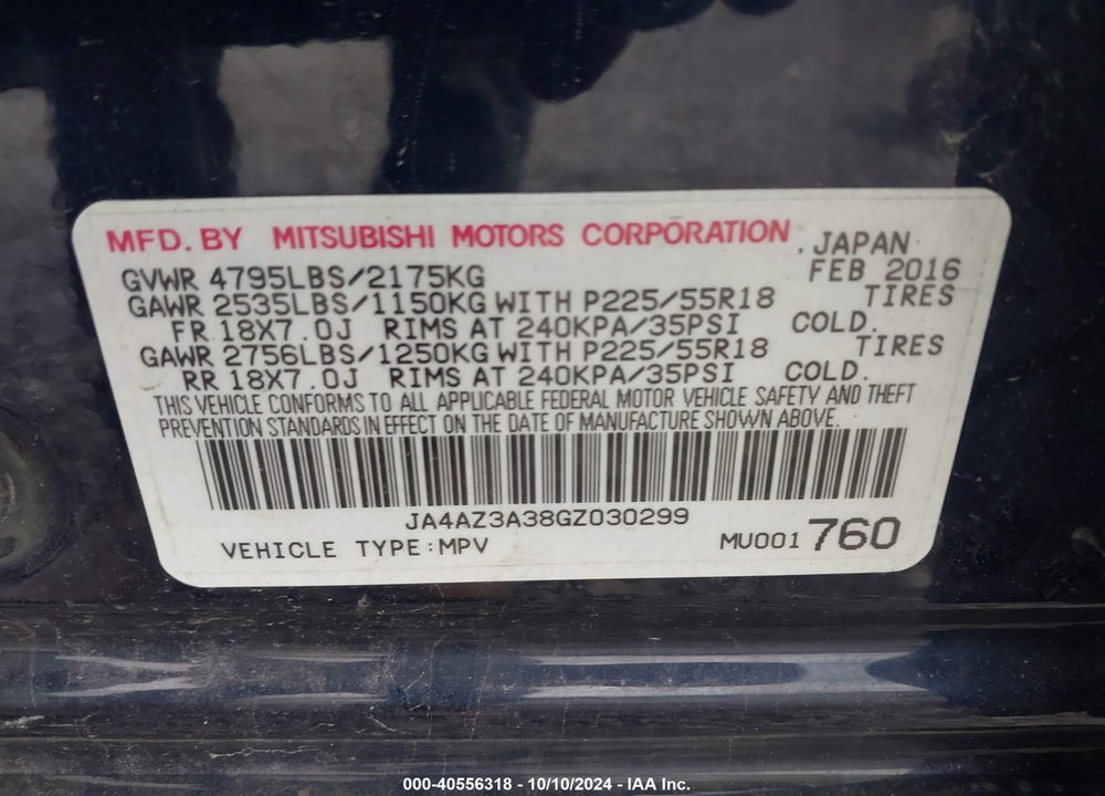 2016 MITSUBISHI OUTLANDER ES VIN: JA4AZ3A38GZ030299