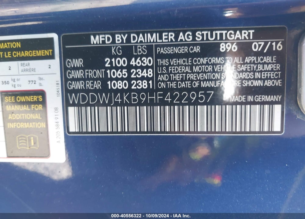 2017 MERCEDES-BENZ C 300 4MATIC VIN: WDDWJ4KB9HF422957