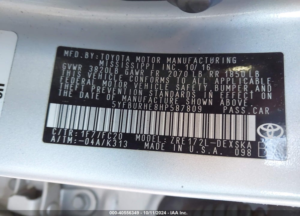 2017 TOYOTA COROLLA VIN: 5YFBURHE8HP587809