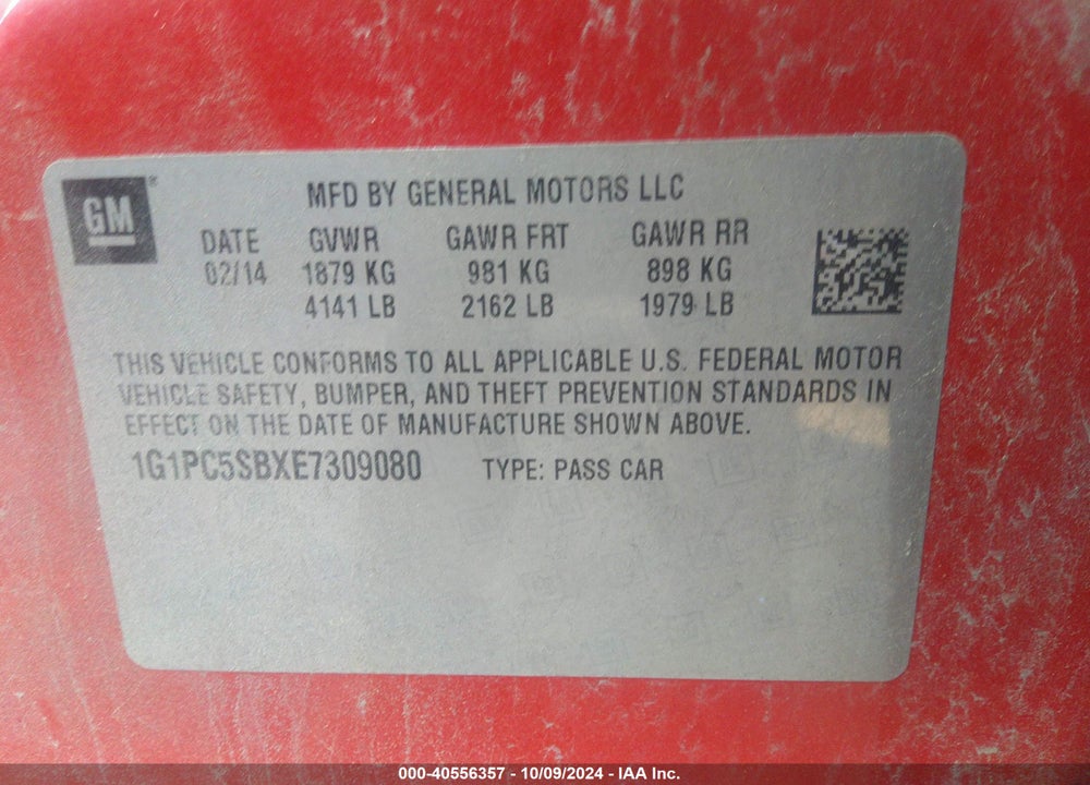 2014 CHEVROLET CRUZE 1LT AUTO VIN: 1G1PC5SBXE7309080