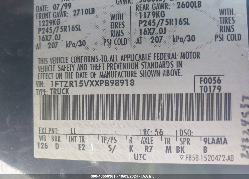 1999 FORD RANGER XL/XLT VIN: 1FTZR15VXXPB98918
