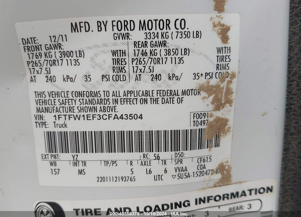 2012 FORD F-150 XLT VIN: 1FTFW1EF3CFA43504