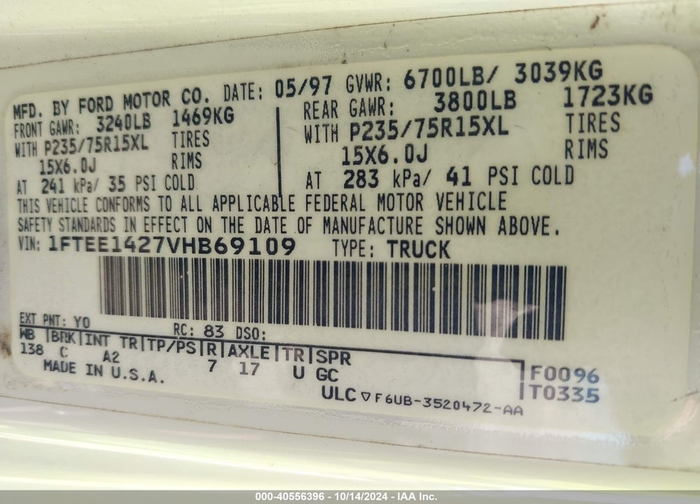 1997 FORD E-150 STANDARD VIN: 1FTEE1427VHB69109