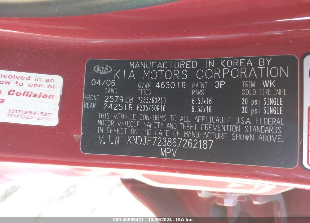 2006 KIA SPORTAGE EX V6/LX V6 VIN: KNDJF723867262187