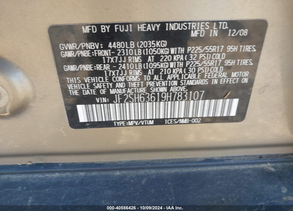 2009 SUBARU FORESTER 2.5X VIN: JF2SH63619H783107