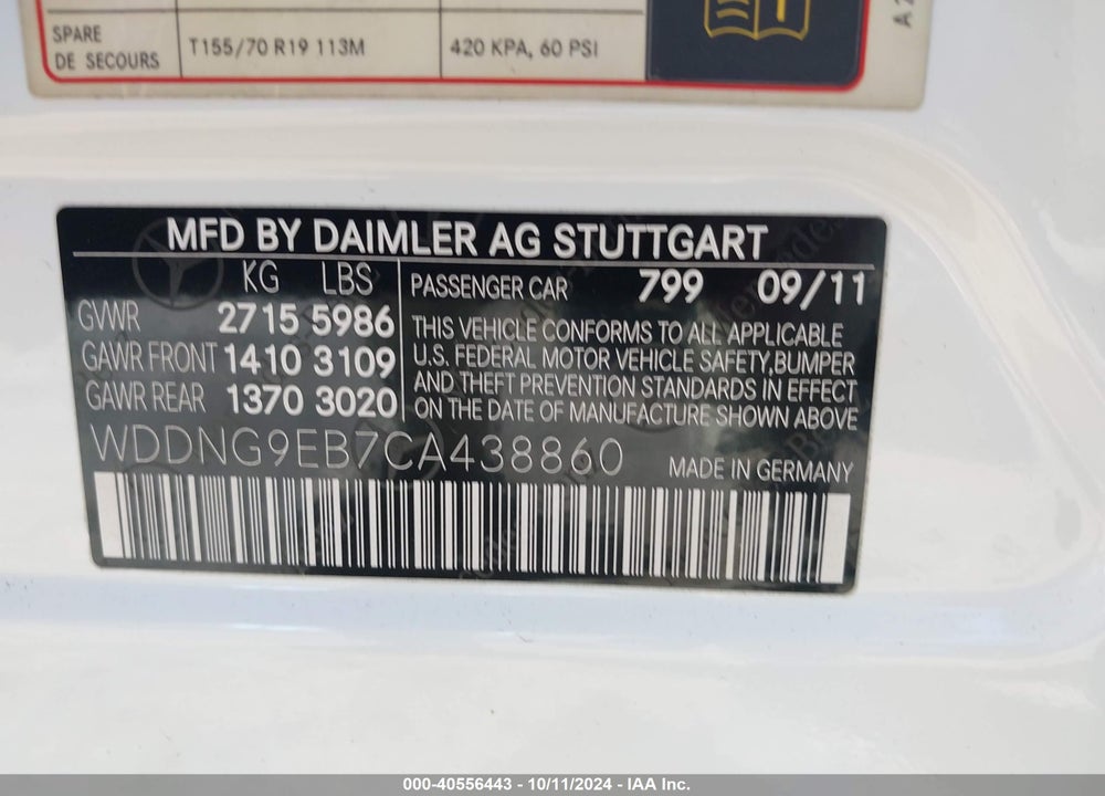 2012 MERCEDES-BENZ S 550 4MATIC VIN: WDDNG9EB7CA438860