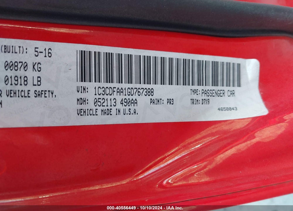 2016 DODGE DART SE VIN: 1C3CDFAA1GD767388