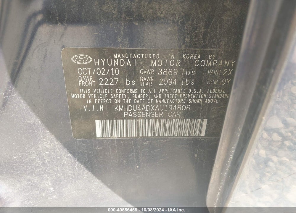 2010 HYUNDAI ELANTRA GLS VIN: KMHDU4ADXAU194606