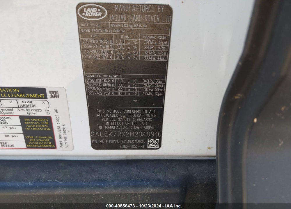 2021 LAND ROVER DEFENDER 110 STANDARD VIN: SALEK7RX2M2040916