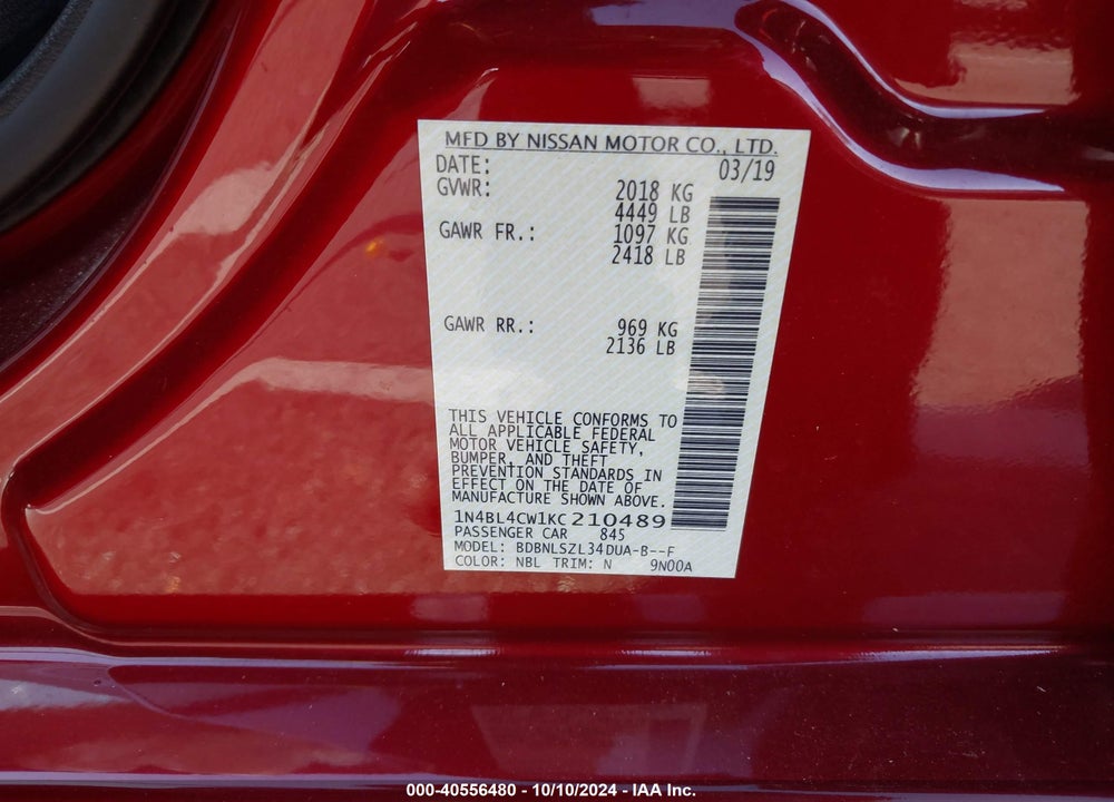 2019 NISSAN ALTIMA 2.5 SR VIN: 1N4BL4CW1KC210489