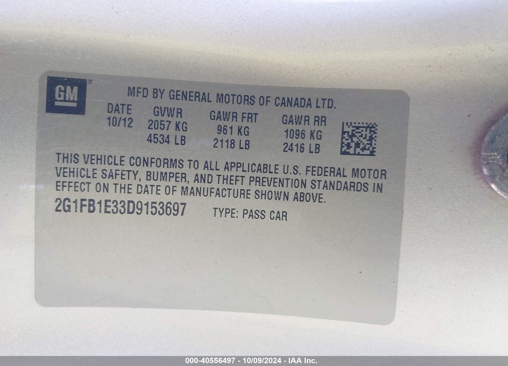 2013 CHEVROLET CAMARO 1LT VIN: 2G1FB1E33D9153697