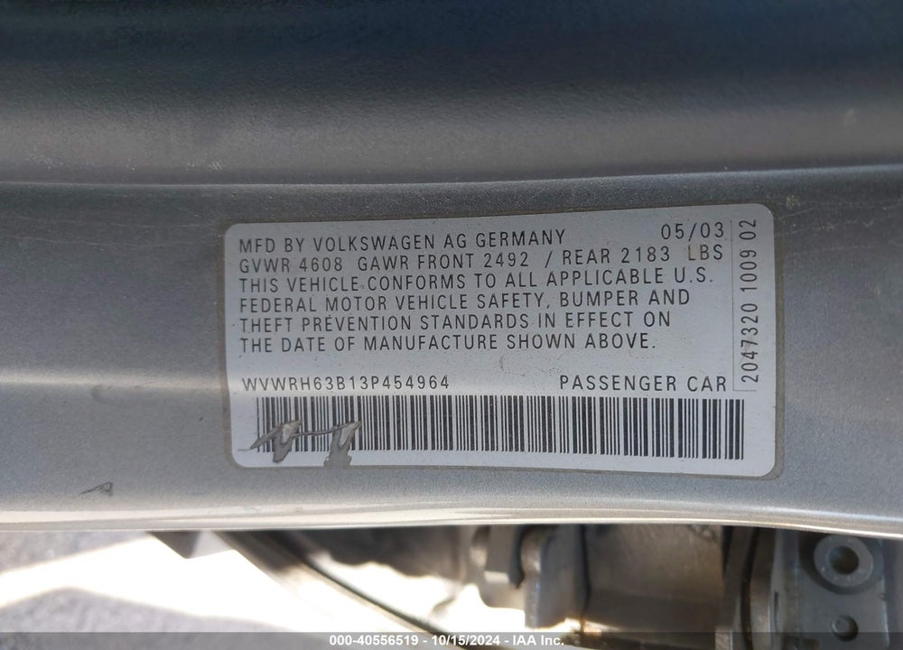 2003 VOLKSWAGEN PASSAT GLX VIN: WVWRH63B13P454964
