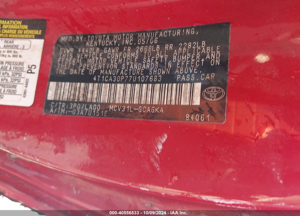 2007 TOYOTA CAMRY SOLARA SLE V6 VIN: 4T1CA30P77U107683