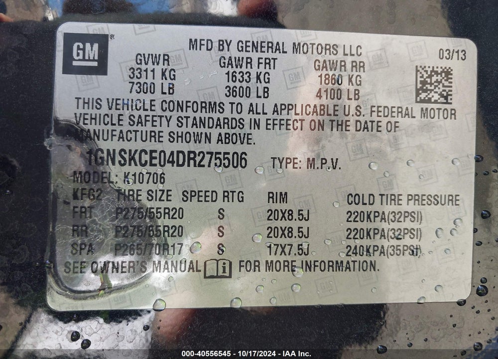 2013 CHEVROLET TAHOE VIN: 1GNSKCE04DR275506