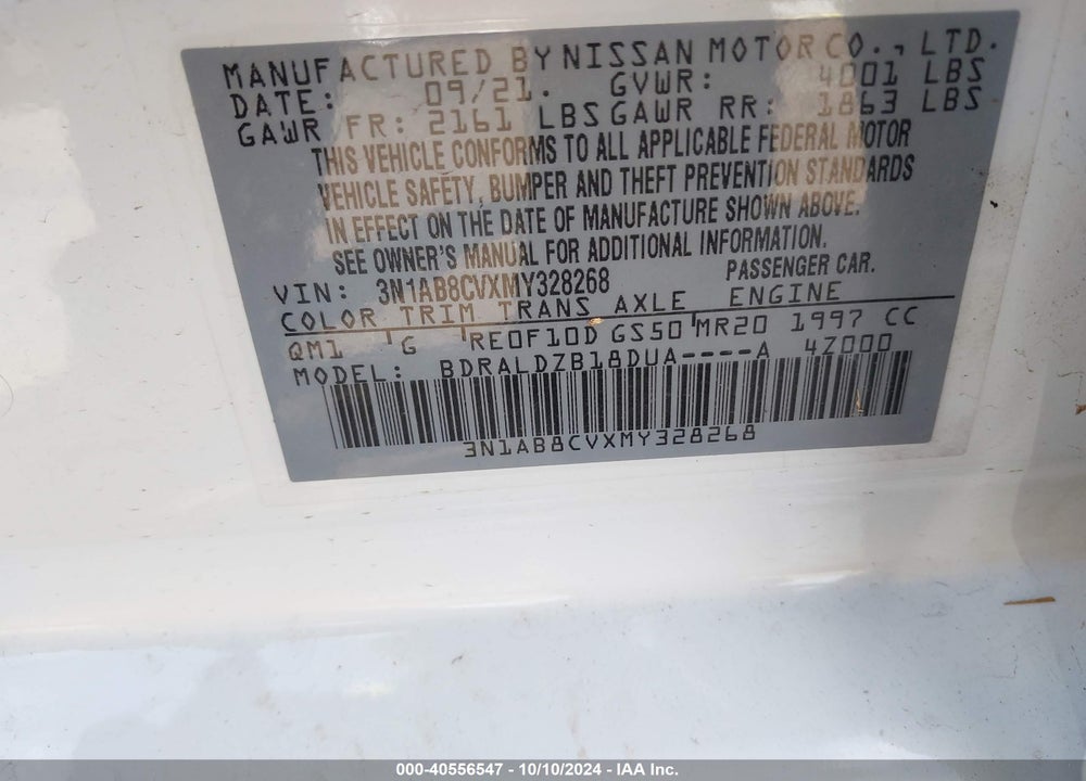2021 NISSAN SENTRA VIN: 3N1AB8CVXMY328268