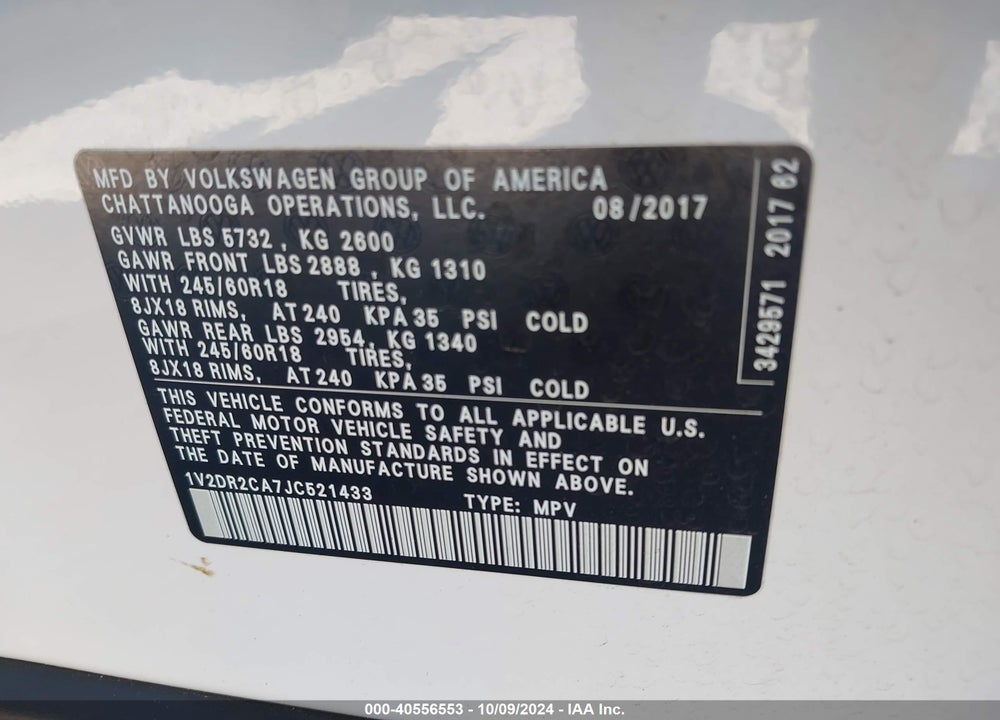 2018 VOLKSWAGEN ATLAS 3.6L V6 SE/3.6L V6 SE W/TECHNOLOGY VIN: 1V2DR2CA7JC521433