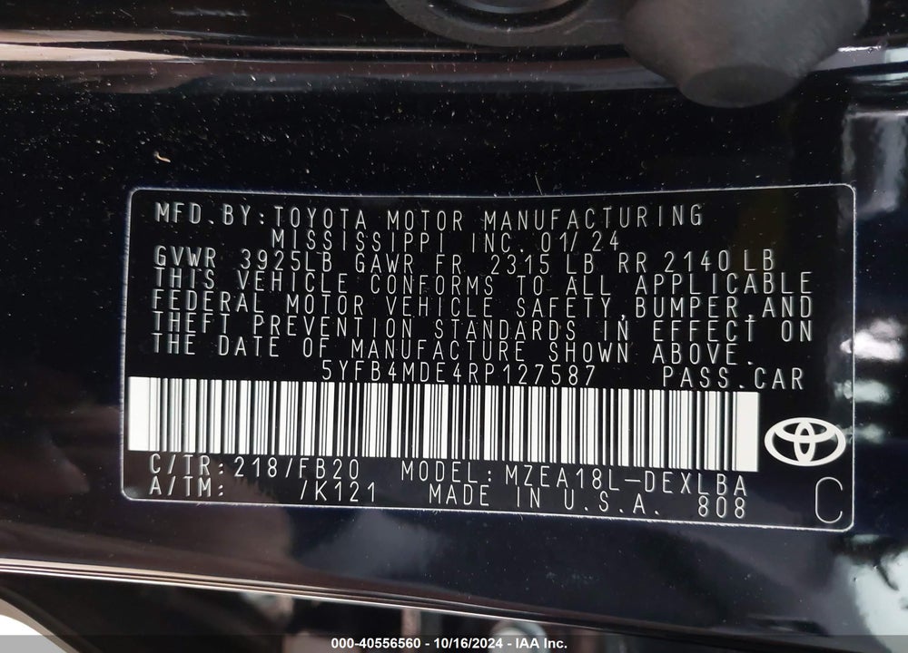 2024 TOYOTA COROLLA LE VIN: 5YFB4MDE4RP127587