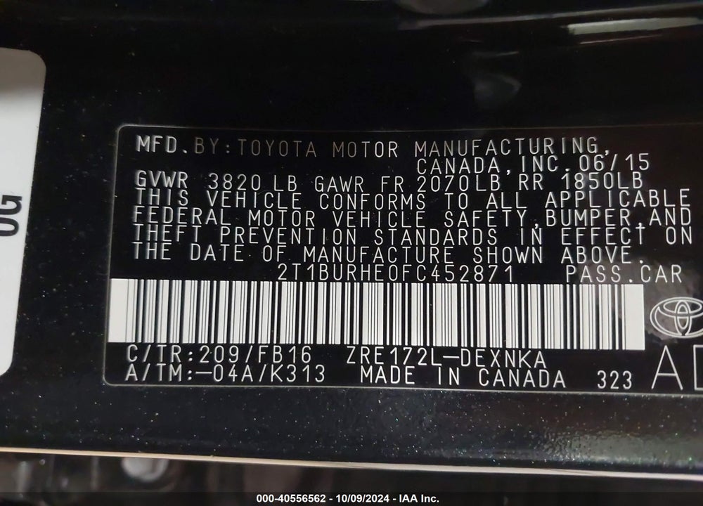 2015 TOYOTA COROLLA LE VIN: 2T1BURHE0FC452871