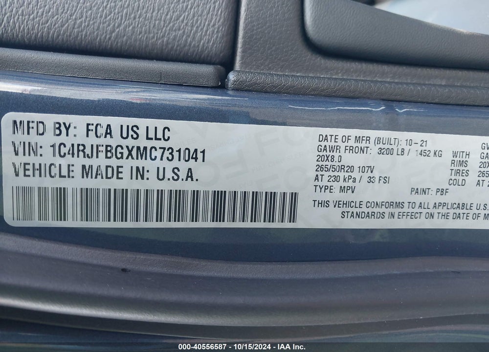 2021 JEEP GRAND CHEROKEE LIMITED X 4X4 VIN: 1C4RJFBGXMC731041