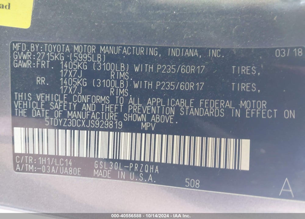 2018 TOYOTA SIENNA XLE PREMIUM 8 PASSENGER VIN: 5TDYZ3DCXJS929819