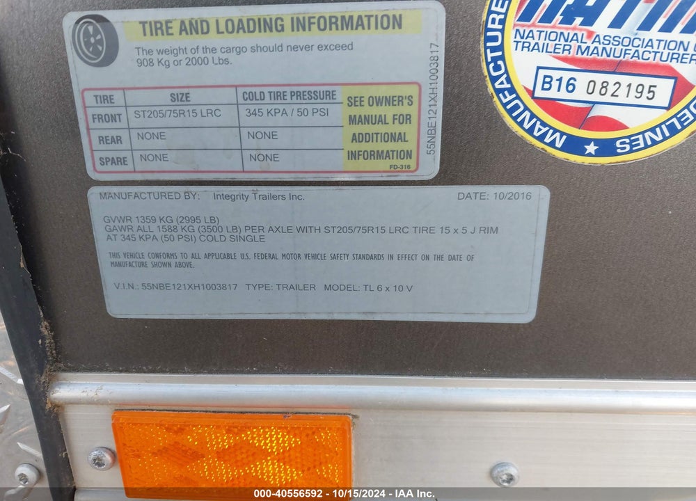2017 INTEGRITY ENCLOSED TRAILER VIN: 55NBE121XH1003817