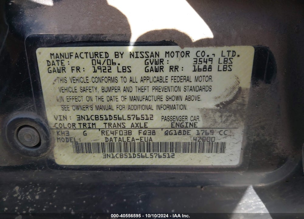 2006 NISSAN SENTRA 1.8S VIN: 3N1CB51D56L576512